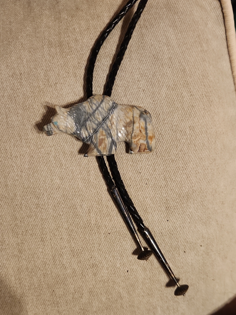 Handcrafted Stone Bear Bolo Tie in Beige and Gray